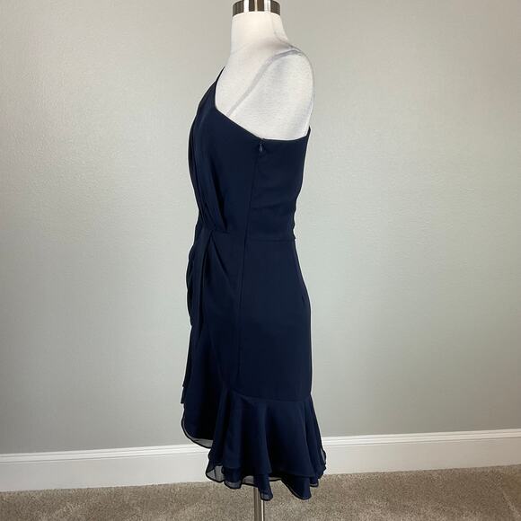 Betsy & Adam Blue Chiffon One Shoulder Mini Fit and Flare Size 10 Long Sleeve - Picture 5 of 14